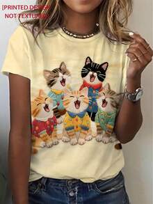 Camiseta manga corta cuello redondo 100% algodón, estampado trendy, tejido ligero y ventilado, estilo moda casual, apta para vida diaria, salidas informales y citas en primavera, verano y otoño - Champán - Ver 3