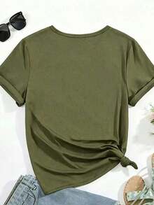 Camiseta Casual de Mujer con Estampado Floral de Margaritas, Cuello Redondo, Manga Corta con Hombros Caídos, Camiseta de Elasticidad Media para Conjuntos de Primavera - Verde - Ver 3