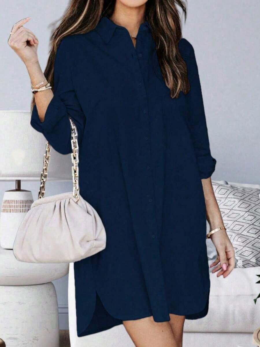 Camisa versátil de mujer de un solo pecho, unicolor, holgada, con bajo irregular y bolsillo, color rosa, para primavera - Azul marino - Ver 1