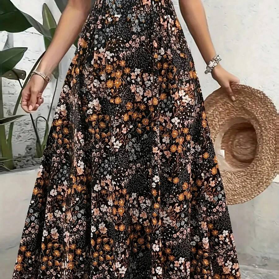 Elegant Summer Beach Dress, Midi Dress With Ruffles And Floral Print, High Waist With Elastic Waistband, Vintage Vacation Style - 混合顏色 - 查看 1