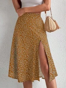 Primavera y novedad de verano falda acampanada dividida con cremallera floral versátil para mujer - Amarillo - Ver 12