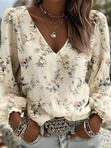Women's Pink Floral Random Print V-Neck Blouse, Lightweight Linen Printed Shirt, Long Sleeve Puff Sleeve Loose Casual Top, Breathable Flowy Blouse, Suitable For Daily Wear, Vacation, Yoga, Outdoor Activities, Spring Summer Autumn Fashion Random Print Women's Shirt - Milky - View 1
