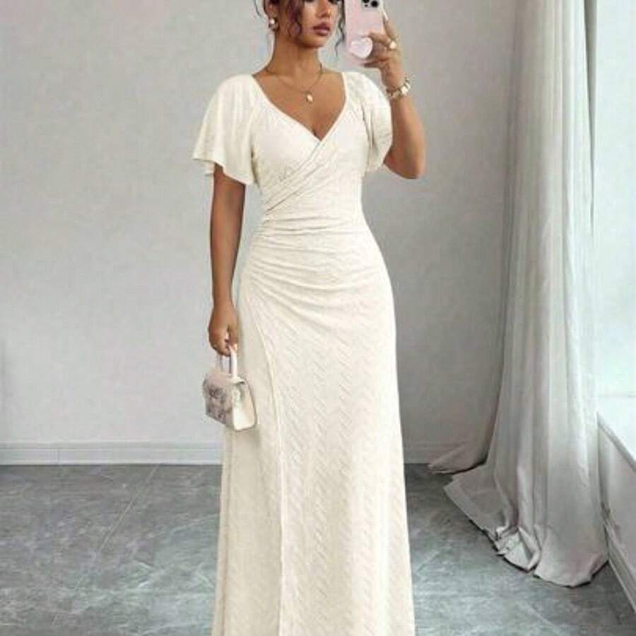 Elenzya Women's Light Purple V-Neck Ruffle Sleeve Pleated Waist Split Dress, Elegant Bridesmaid Dress, Party Gown, Spring/Summer - Albaricoque - Ver 1