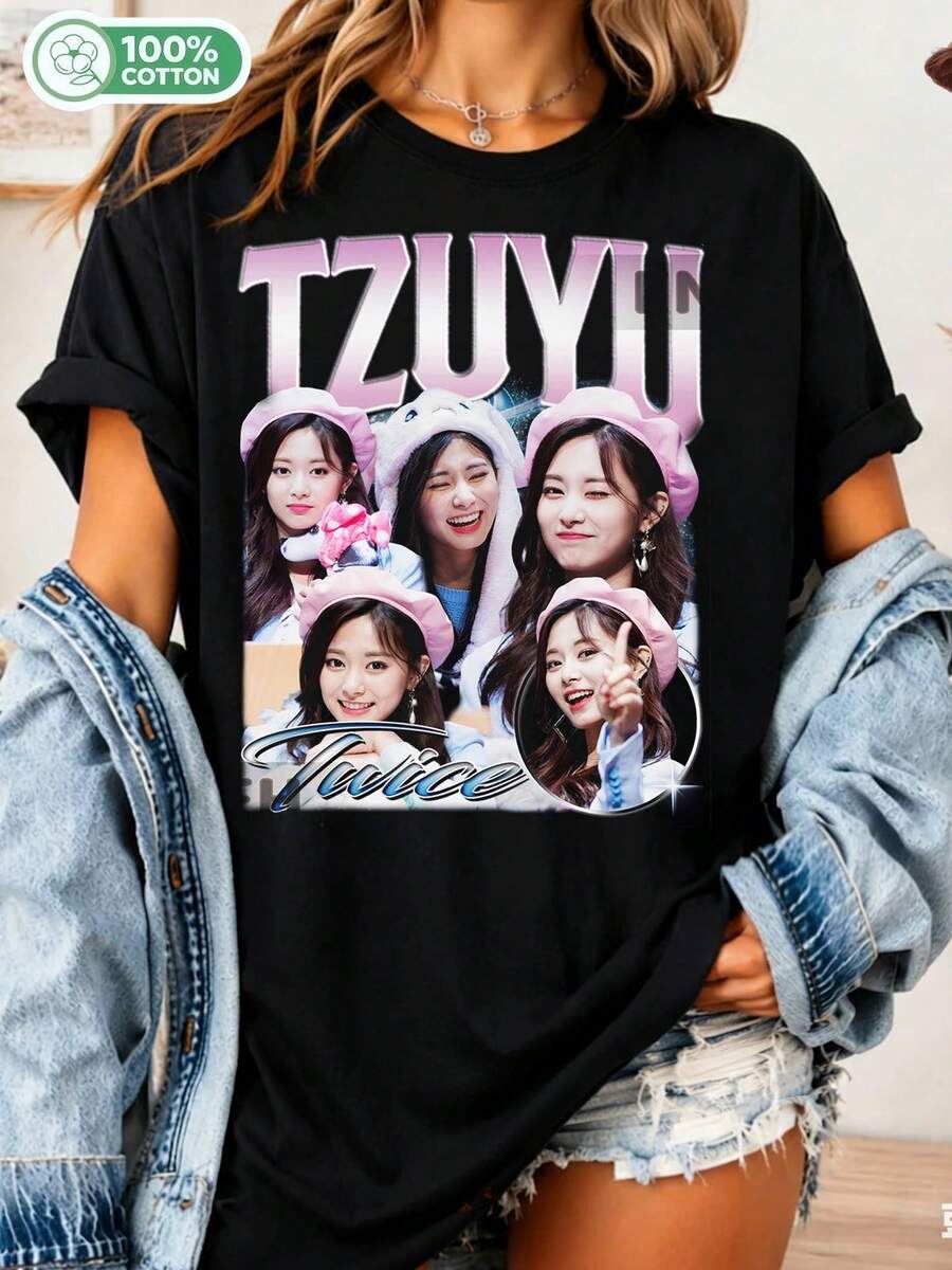 Tzuyu TWICE 90s Retro Graphic T-Shirt, Vintage K-Pop Idol Style, Unisex Cotton T-Shirt, Casual Top For Fans. - Black - View 1