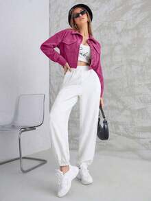 Cazadora corta de pana con bolsillo con solapa con botón - Rosa Fucsia - Ver 3