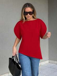 HH Blusa con mangas de pétalo y cintura ceñida, Vestido de fiesta de unicolor de manga corta y cuello redondo ajustado, Ropa de mujer asimétrica de verano - Rojo - Ver 5