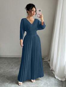 Mono elegante de pierna ancha con escote cruzado en V, mangas tipo murciélago y pliegues, en color liso para mujer - Niebla azul - Ver 7
