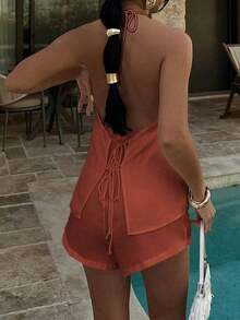 Conjunto de 2 piezas de top con escote en V y espalda descubierta con lazo, y shorts elásticos para mujer, adecuado para el hogar, la playa, citas, festivales de música, San Valentín y otras ocasiones, elegante en negro para el verano - Óxido marrón - Ver 10