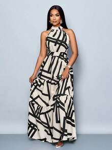 Vestido largo de mujer con estampado floral en todo el vestido, estilo halter con cinturón, fluido para vacaciones - Albaricoque - Ver 4
