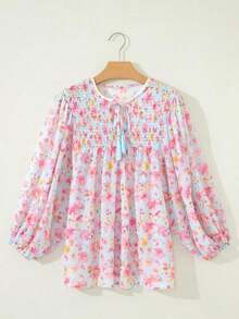Acelitt Blusa de cuello en V con mangas de pétalo, cintura alta, estampado floral rosa y flecos, ideal para vacaciones y primavera - Celeste - Ver 3