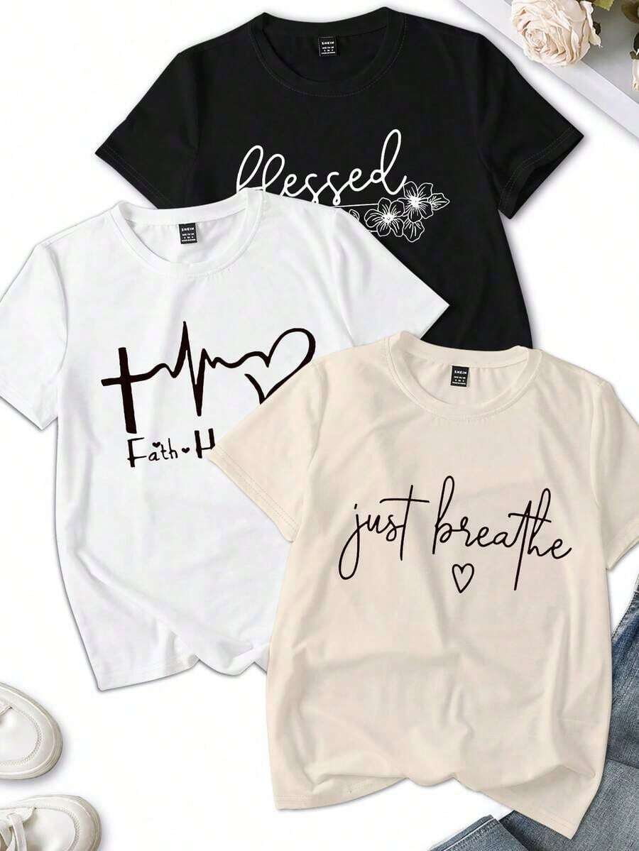 3 piezas Camiseta de manga corta rosa/morada/marrón, diseño de impresión de letras minimalista de moda, top casual de cuello redondo para mujer, verano - Multicolor 5 - Ver 1