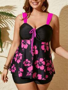 Conjunto de tankini de talla grande con estampado floral elegante, tirantes anchos, moño y parches, para verano y vacaciones en la playa, color negro - Negro - Ver 5