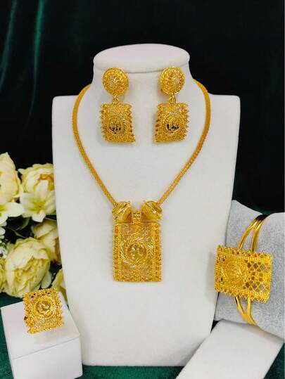1 Collar, 1 Pulsera, 1 Par de Aretes, 1 Anillo - Juego de Joyería de 4 piezas con Colgante Cuadrado Hueco, Color Dorado, Juego de Joyería de Moda para Mujer, Adecuado para Novia Europea, Africana, de Oriente Medio, Dubai, Arabia Saudita, Boda, Fiesta, Cita, Día de la Madre, San Valentín, Cumpleaños, Regalo de Vacaciones para Mamá, Novia, Hermana