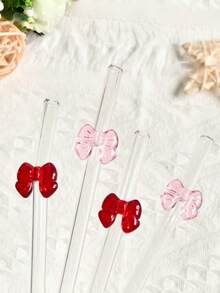 1/2/4/6 Stück gebogene Glasstrohhalme mit roter und rosa Schleifendekoration, geeignet für Bubble Tea, Milchshakes und Sommergetränke, elegante Dekoration für Strand, Hochzeit und Küche, ideales Urlaubsgeschenk für alle saisonalen Anlässe - Übersicht 9