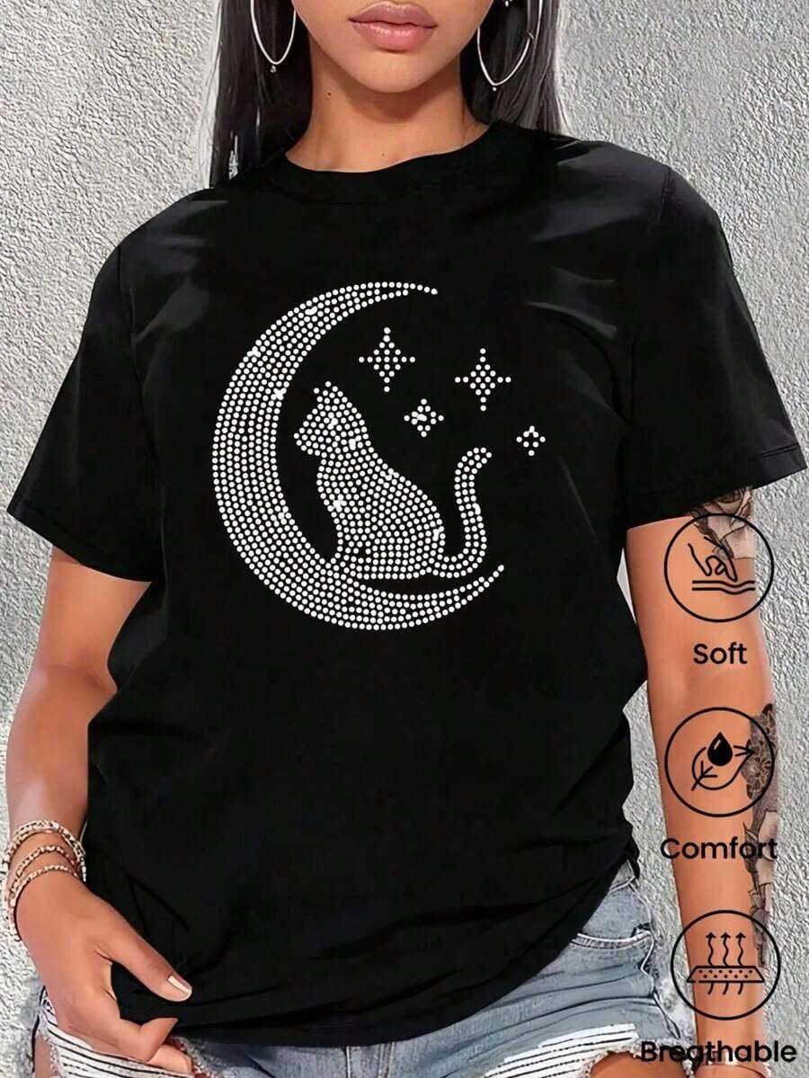 Camiseta de cuello redondo y mangas cortas de ropa fashion, fabricada enéxico, para la temporada primavera-verano 2025.Con estampado de dibujos animados, un modelo de pareja, apta para usar tanto por dentro como por fuera, para oficina y estilo casual, diseñpara hombres y mujeres, en unidad individual.blusas para mujer playeras de mujer blusas casuales para dama - Negro - Ver 1