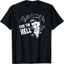 Women's Casual Cotton Tee with 'Give 'Em Hell' Devil Graphic Print, Short Sleeve Round Neck T-Shirt for a Goth Chic Look - Negro - Ver 1