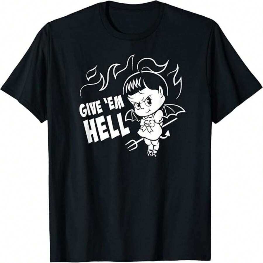 Women's Casual Cotton Tee with 'Give 'Em Hell' Devil Graphic Print, Short Sleeve Round Neck T-Shirt for a Goth Chic Look - Negro - Ver 1