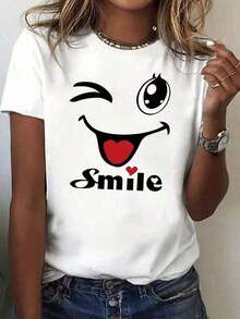 Women's White Short-Sleeved T-Shirt With Round Neck And Cartoon Print, Graphic Tee, Suitable For Summer, Autumn And Winter Outfits. - 白色的 - 查看 5