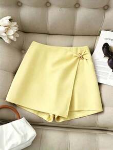 Pantalones cortos de mujer, Faldas de mujer, Pantalones cortos caqui de cintura alta asimétrica con hebilla metálica, estilo casual y versátil, Falda de mujer, Falda-pantalón con dobladillo dividido de doble capa, Vestido y pantalones de mujer co - Amarillo claro - Ver 5