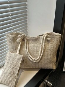 2026 Summer Casual Woven Rope Knot Tote Bag Set, Beach Handbag With Large Capacity, Versatile Essential For Outings - Beige - View 6