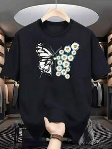 Monochromatic Butterfly With Wings Formed By Numerous White And Green Daisies Symbolizing Freedom, Renewal And Connection With Nature. Men's T-Shirt, 100% Cotton, 220g - 黑色 - 查看 8