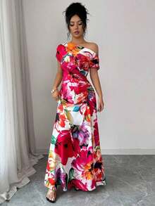 Vestido largo asimétrico con volantes en los hombros y la cintura, estampado floral, elegante y minimalista, adecuado para ir al trabajo, Año Nuevo, ropa de calle, estilo romántico francés, casual, retro de Oriente Medio, té de la tarde, fiesta, Acción de Gracias, vuelta al colegio, primavera/verano - Negro - Ver 10