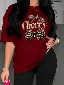 Women's Casual Short Sleeve T-Shirt, Semi-Sheer, Lightweight Fabric, Leopard And Cherry Print, Black With Shiny Gold Details, Medium Elasticity, Machine Washable, All Year Round Comfort - 紅色 - 查看 4