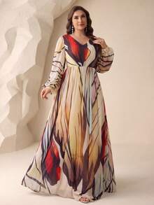 SUPGIR [Random Floral Watercolor Print] V-Neck Digital Printed Lantern Sleeve Elegant Chiffon Dress - Multicolor - View 5