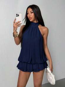 Vestido mini elegante de mujer con escote halter y lazo en color beige - Azul marino - Ver 7
