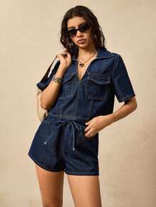 Conjunto informal de mujeres de mezclilla vintage con bolsillos - Azul - Ver 6