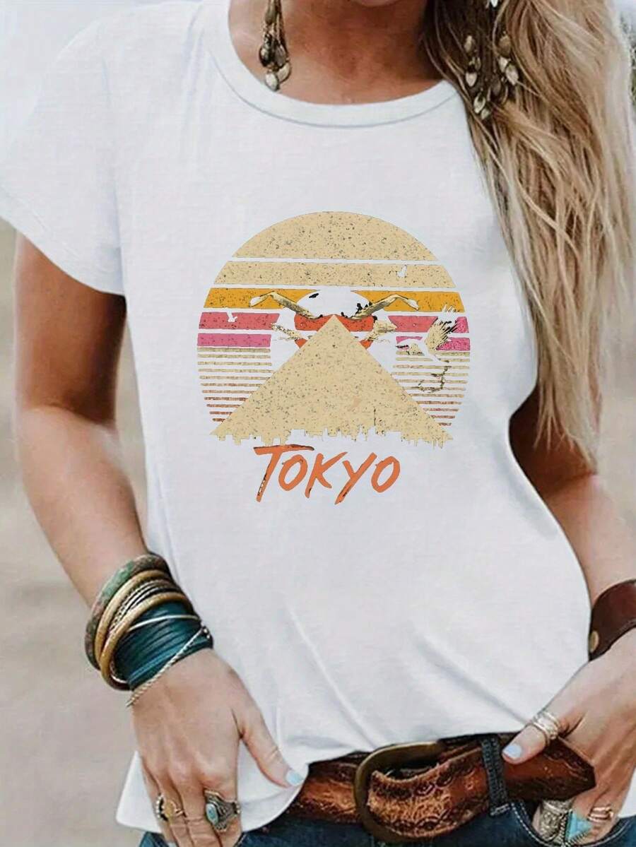 Camiseta estampada 100% algodón para mujer, top de manga corta con cuello redondo para primavera/verano, camiseta con estampado de Tokio y cuello redondo, top casual de manga corta para primavera/verano, ropa de mujer. - Blanco - Ver 1