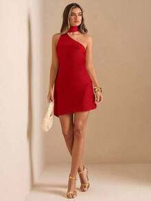 Vestido mini de satén elegante con hombros asimétricos y espalda descubierta en unicolor amarillo crema, vestido mini elegante con estampado, vestido mini sexy con espalda descubierta, vestido mini de satén amarillo con espalda descubierta, vest - Rojo - Ver 6