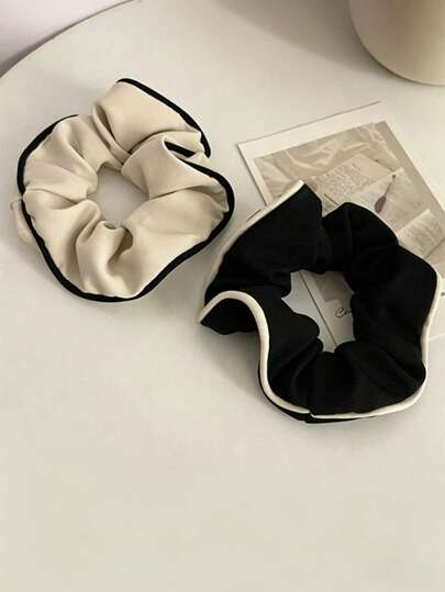 2pcs Contrast Trim Fabric Scrunchie, Minimalist Black & Beige Elastic Hair Tie, Neutral Tone Ponytail Holder, Preppy & Minimalist Style Hair Accessory For Women