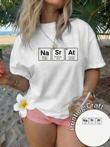 Women's Short-Sleeved, Round-Neck T-Shirt, 100% Cotton, Machine Washable, Easy Care, Casual Design, Printed With Letters And Scientific Elements, Unique Chemical Symbol Print, New Summer T-Shirt, Suitable For Daily Wear And Travel. - 白色 - 查看 6