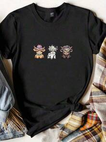 Special Offer On Plus Sizes: 1pc Women's Short-Sleeved, Crew-Neck Athletic T-Shirt, 100% Cotton, 180g. Designed By A Y2K Artist In The Bababask Style, Ideal For Everyday Wear, Parties, And All Kinds Of Celebrations. Featuring A Stylish And Modern Letter Print, It's Perfect As A Gift Or For Couples To Coordinate, And Can Be Worn Any Time Of Year. - 黑色 - 查看 7