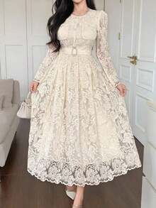 Vestido elegante de encaje de alta calidad con cintura ajustable, bordado, de estilo coreano suave y elegante - Beis - Ver 5