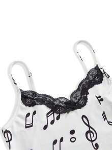 ROMWE Conjunto de 3 piezas con camiseta de tirantes con encaje y estampado de notas musicales y teclado de piano, estilo retro Y2K - Multicolor 3 - Ver 11