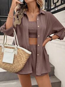 Conjunto de dos piezas de mujer en tela tejida color caqui: Top corto casual con cuello y pantalones cortos con mangas a la muñeca y detalles de bolsillo, para vacaciones - Camel - Ver 3