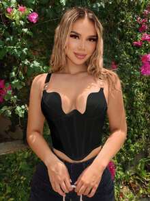 Camiseta sin mangas de seda veraniega elegante, y de alta gama con cuello asimétrico profundo en forma de S, anillo de acero, Body elástico y tirantes ajustables para el Día de San Valentín - Negro - Ver 7