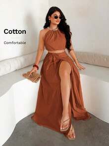 Conjunto de 2 piezas de top halter sexy y falda midi con volantes - Óxido marrón - Ver 5