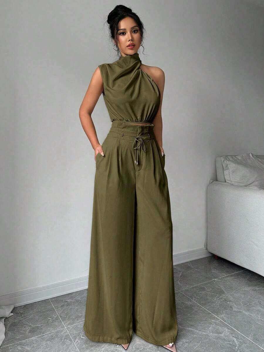 Conjunto de dos piezas para mujer con top de cuello apilado elegante color albaricoque y pantalones de pierna ancha, ropa de maestra, pantalones ligeros y cómodos, conjunto de dos piezas con top sin mangas asimétrico, adecuado para primavera, verano y otoño, conjunto de dos piezas con pantalones holgados, conjunto de dos piezas de diseñador, atuendo para mujeres para conciertos, vestido de noche elegante, adecuado para uso diario, fiestas, temporada de graduación, temporada de bodas, disfraces para actuaciones - Verde militar - Ver 1
