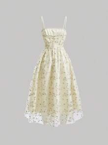 xheSHEIN MOD Vestido de tirantes de malla con bordado floral para mujerxhe - Albaricoque 2 - Ver 2