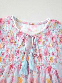 Acelitt Blusa de cuello en V con mangas de pétalo, cintura alta, estampado floral rosa y flecos, ideal para vacaciones y primavera - Celeste - Ver 5