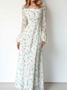 Vestido largo estampado primavera con mangas campana corte ajustado elegante estilo europeo para mujer - Azul lavado medio - Ver 5