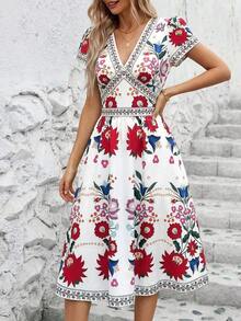 Clasi Vestido de mujer elegante de verano con cuello en V, estampado de flores colocado, bolsillos dobles en la cintura, silueta evasé, adecuado para diversas ocasiones: playa, viajes, uso diario, casa, etc. - Rojo y blanco - Ver 7
