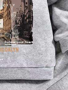 Young Boy Cartoon Print Crew Neck Long Sleeve Warm Sweatshirt And Pants Set - Grey - View 5