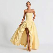 Women's Long Summer Dress, Low Neckline, Fitted With Pleated Belt And Straps, Elegant And Cool In Solid Colors, New Fashion Design - Yellow - View 7
