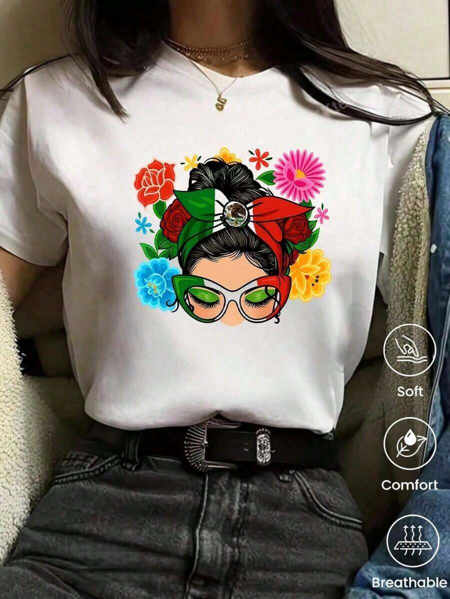 Camiseta de cuello redondo y mangas cortas de ropa fashion, fabricada enéxico, para la temporada primavera-verano 2025.Con estampado de dibujos animados, un modelo de pareja, apta para usar tanto por dentro como por fuera, para oficina y estilo casual, diseñpara hombres y mujeres, en unidad individual.blusas para mujer playeras de mujer blusas casuales para dama - Blanco - Ver 1