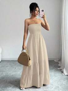 Vestido de verano casual sin tirantes para mujer - Caqui - Ver 5