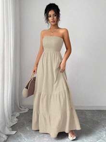 Vestido de verano casual sin tirantes para mujer - Caqui - Ver 6